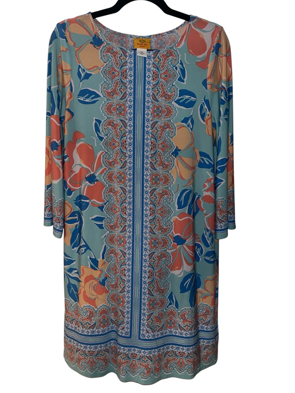 Ruby Rd. Teal Floral Border-Print Long Sleeve Shift Dress with Coral and Yellow